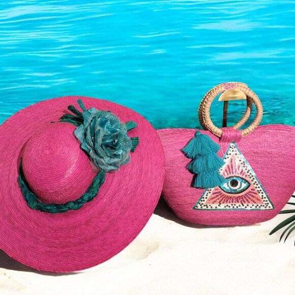All Natural Palm Leaf Straw Pink Tote‎ Bag & Wide Brim Hat Set - Picture 1 of 4